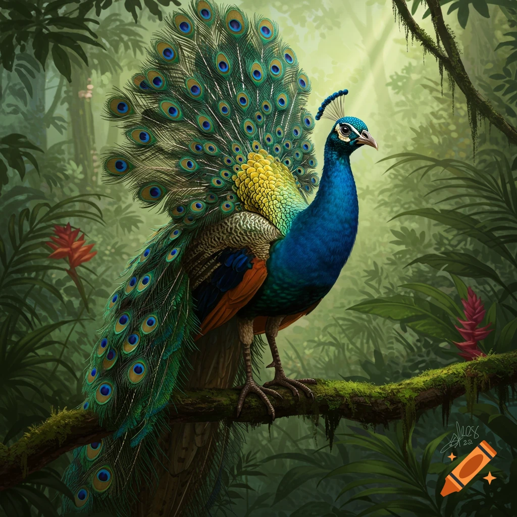 A vibrant peacock-parrot hybrid with blue, green, and yellow feathers perches on a mossy branch in a lush green jungle.
