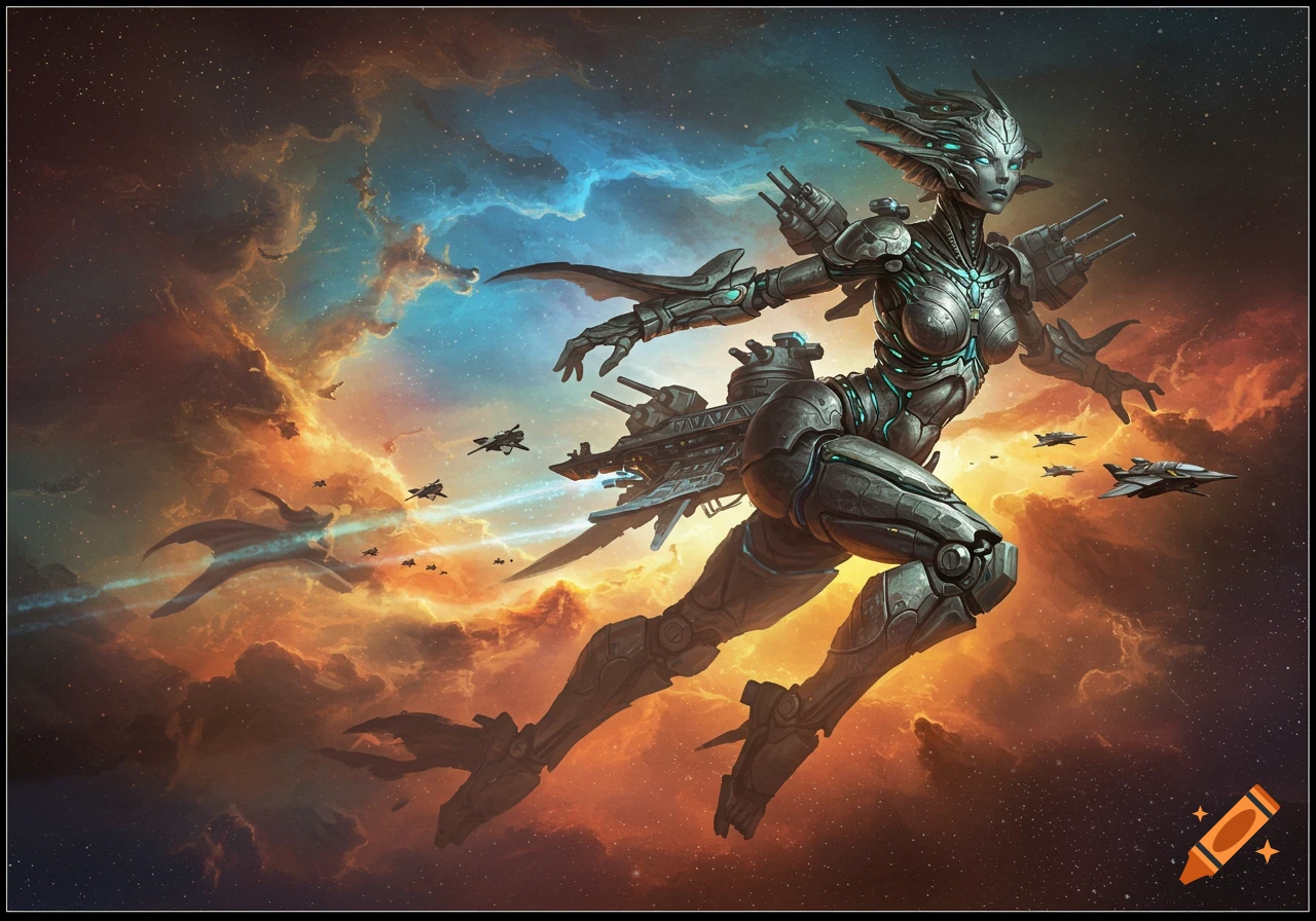 A biomechanical woman, armored with battleship weapons and fin-like limbs, flies through a vibrant nebula with scout ships.