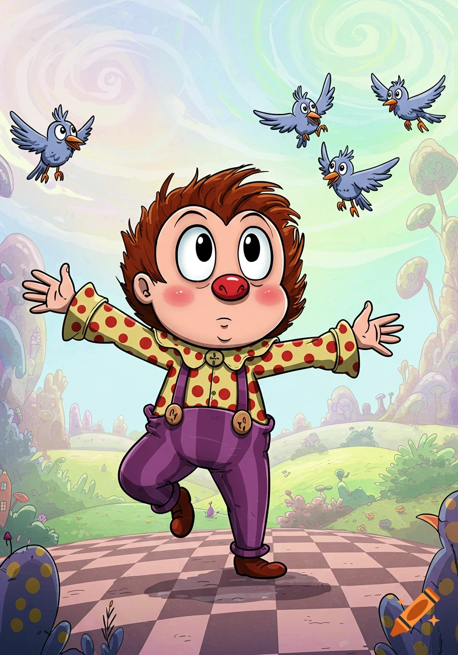 A cartoony character with a red nose, polka-dotted shirt, and purple overalls dances in a whimsical landscape with birds.