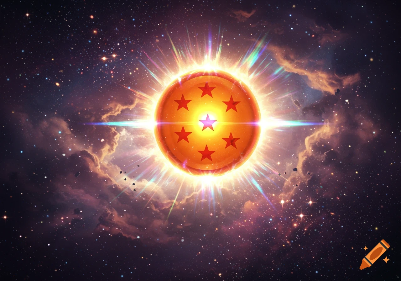 A glowing orange sphere with seven red stars, resembling a Dragon Ball, bursts with light in a starry cosmic background.