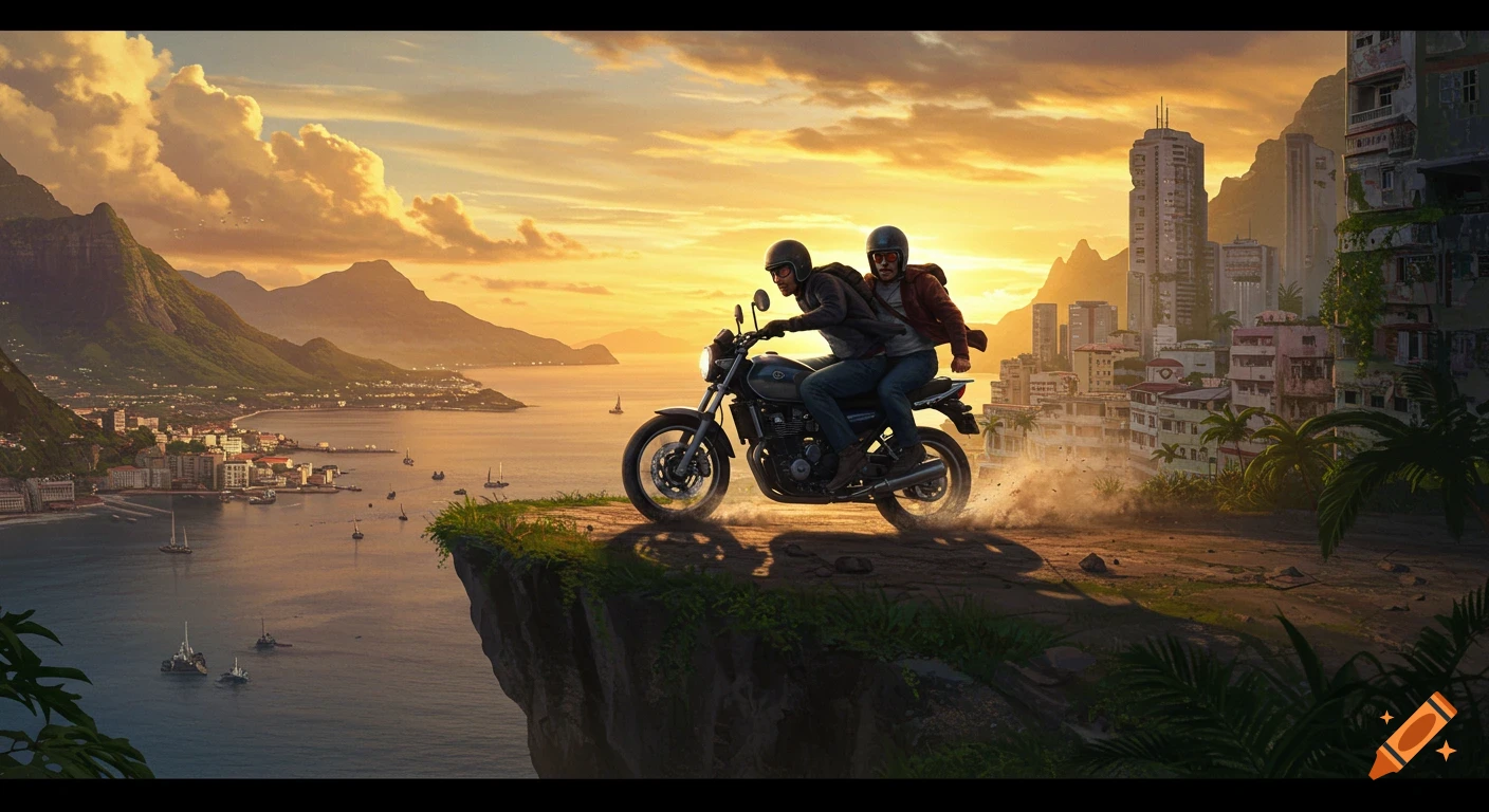 Two men on a motorcycle skid on a cliff overlooking a tropical coastal city and bay at sunset, digital illustration.