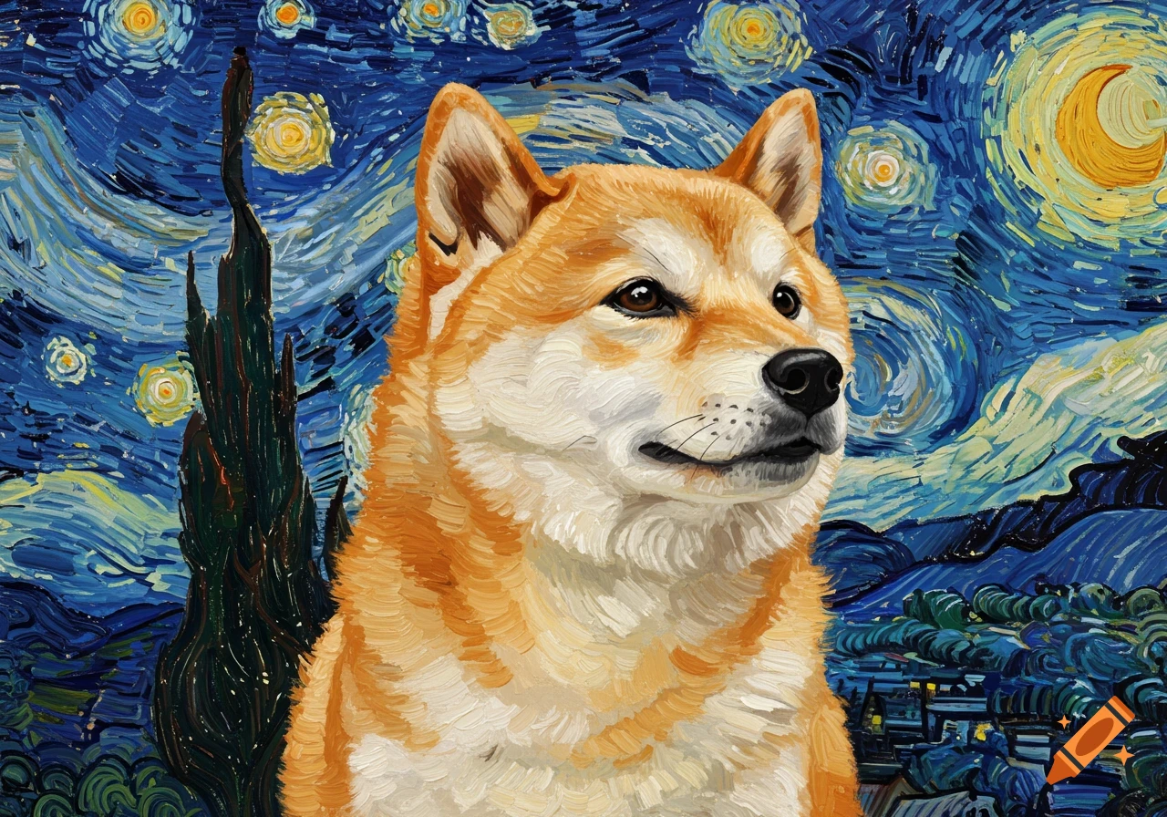 A Shiba Inu dog depicted in the impasto painting style of Van Gogh's 'The Starry Night,' with swirling blue skies and stars.