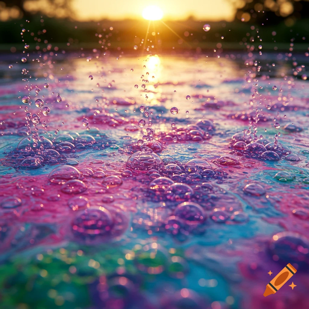 Vibrant pink, purple, and blue water with numerous shimmering bubbles and splashes, illuminated by a golden sunset.
