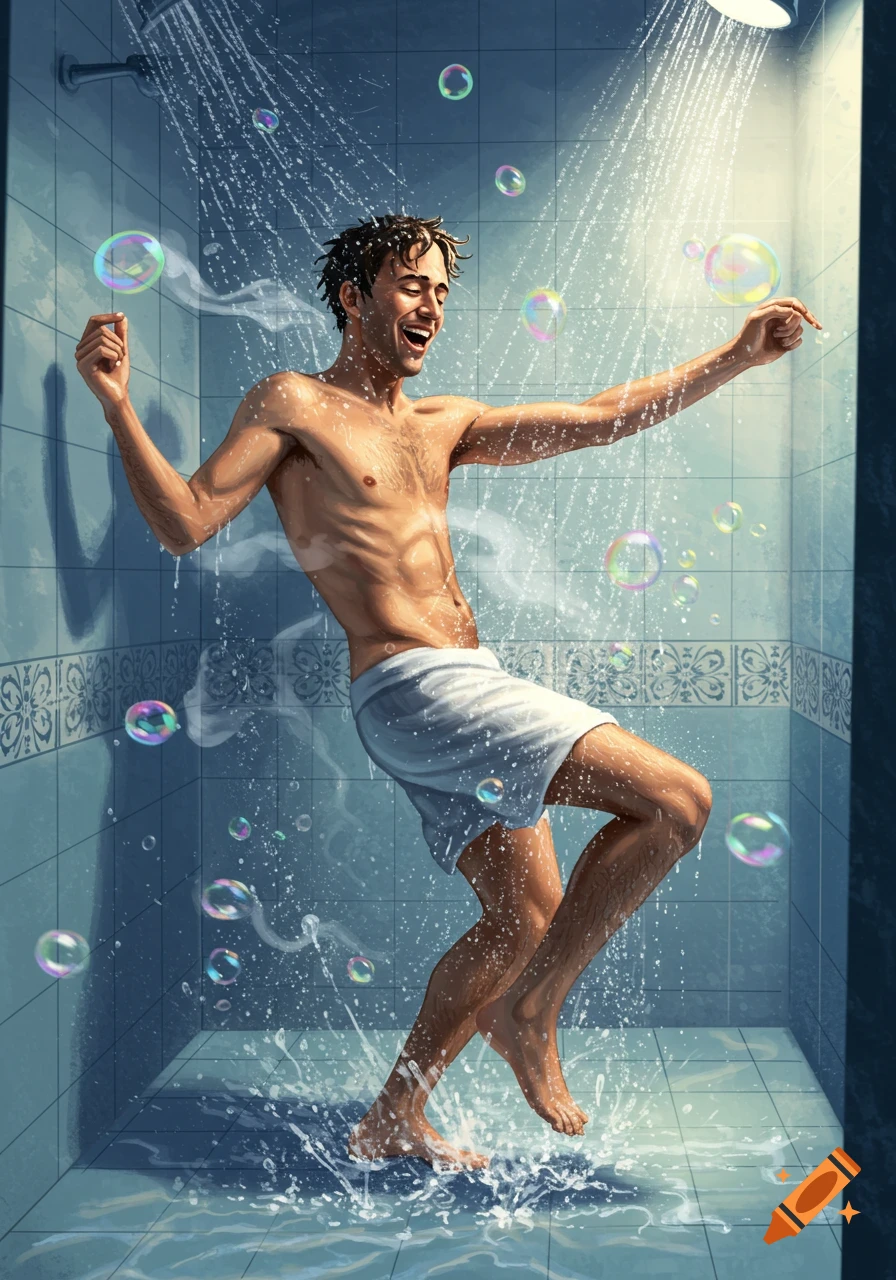 A happy man dances shirtless in a shower, wearing white shorts, surrounded by water splashes and colorful bubbles.
