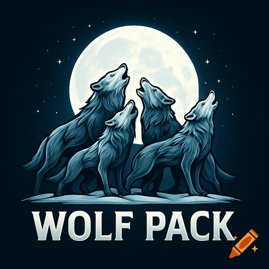 A stylized illustration of four wolves howling at a large full moon in a starry night sky, with the words 'WOLF PACK' below.