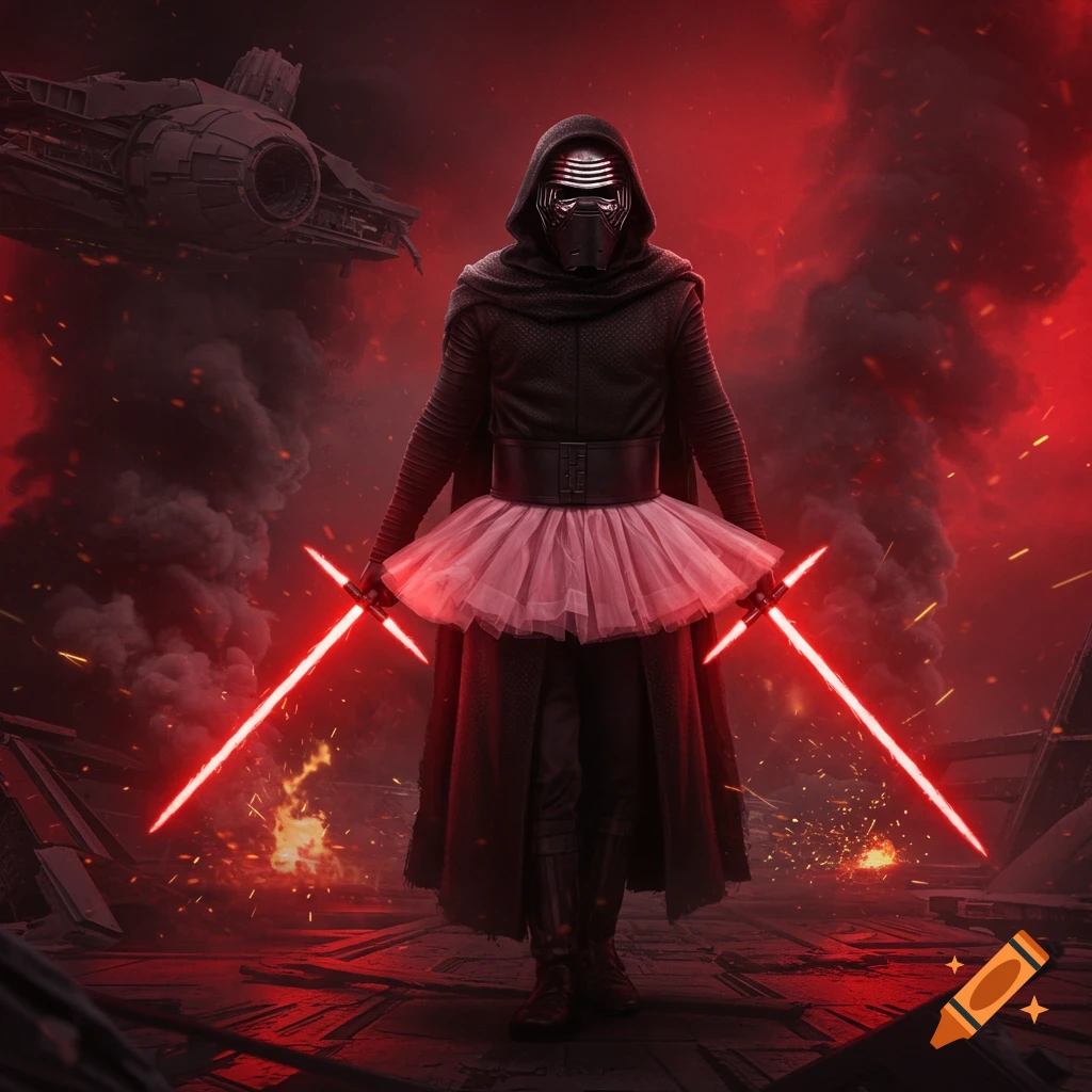 Kylo Ren in a pink tutu holds two red lightsabers on a fiery battlefield with a spaceship in the red sky, in a photorealistic style.