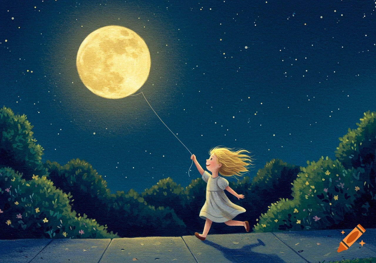 A whimsical storybook illustration of a happy little girl running under a starry night sky, holding a string attached to a large full moon.