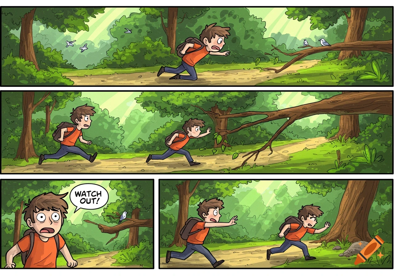 A cartoon comic strip of a boy running on a forest path, trying to avoid a fallen tree branch, with a speech bubble saying 'WATCH OUT!'