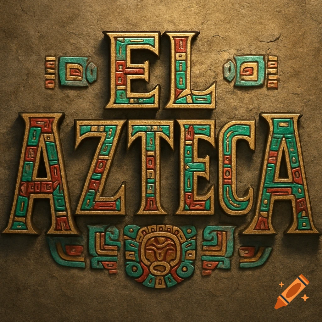 Decorative 'EL AZTECA' text in an ancient Aztec style with gold, red, and turquoise patterns on a stone background.