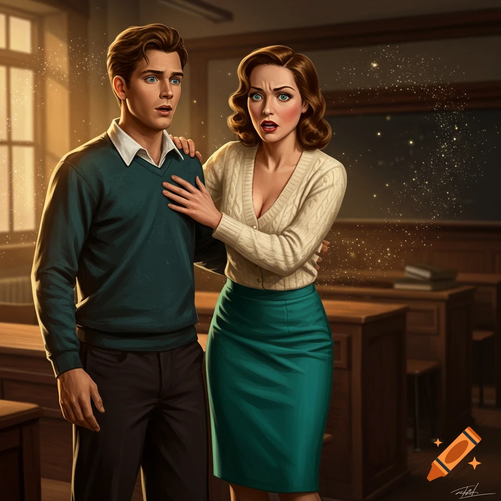 A surprised man and woman in a 1950s-style classroom with glowing magical particles.