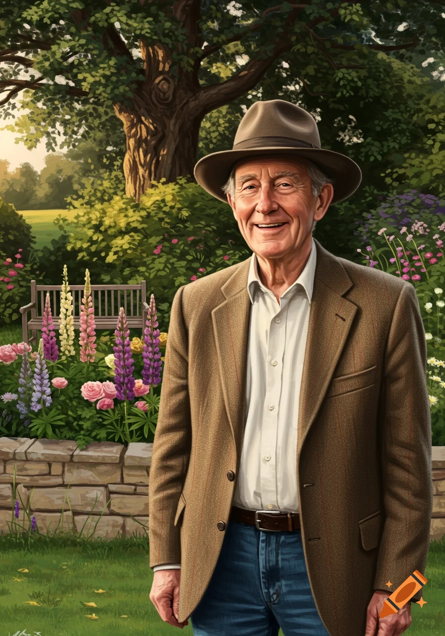 A smiling elderly man in a fedora, tweed jacket, and jeans stands in a vibrant garden with colorful flowers and trees.