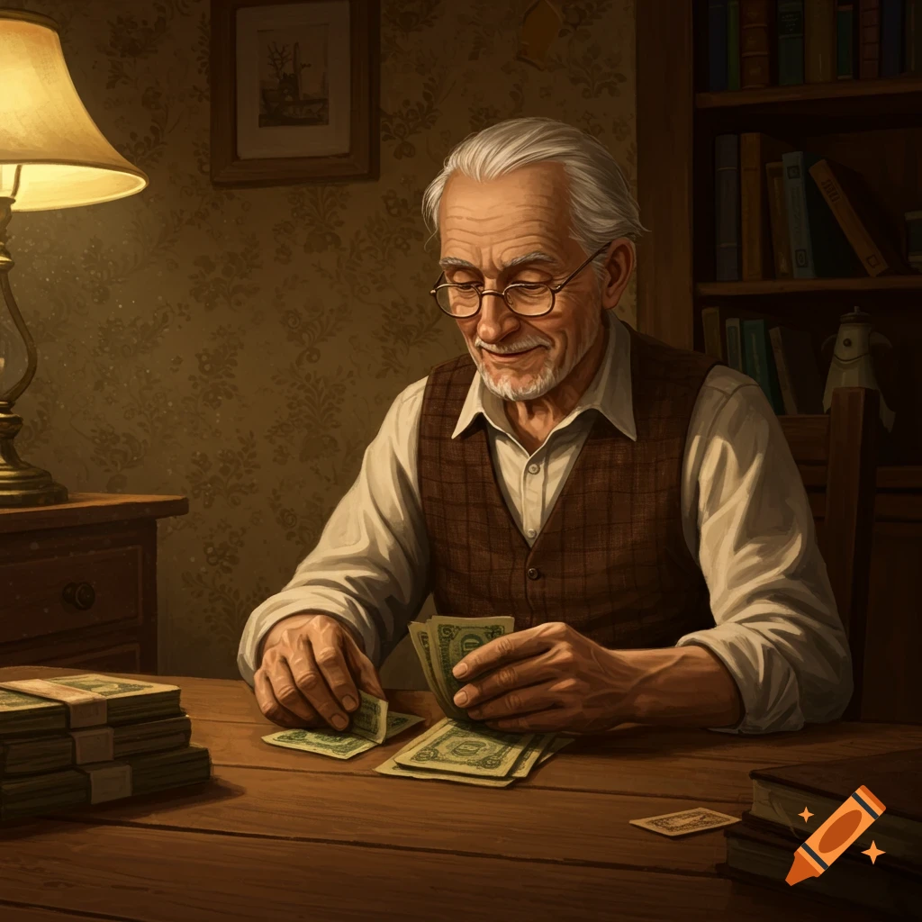 An elderly man with white hair and glasses sits at a wooden table, counting stacks of money under a lamp in a realistic style.