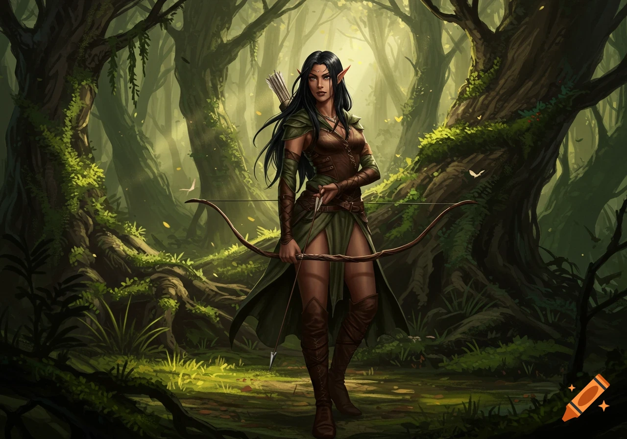 An elven huntress with black hair and olive skin stands in a vibrant, misty forest, holding a bow and arrow. Fantasy digital art.