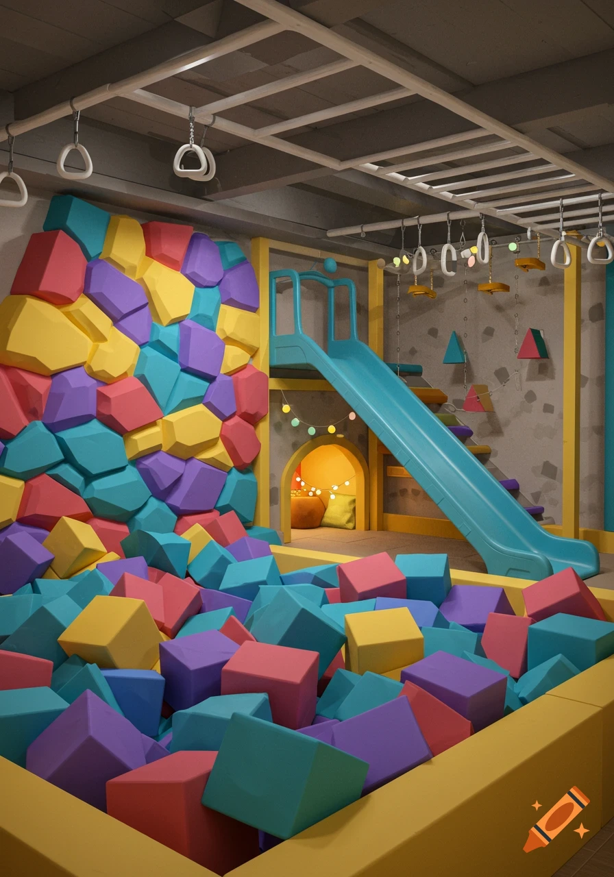 A vibrant indoor playroom with a colorful rock wall, foam pit, blue slide, monkey bars, and a cozy arched nook.