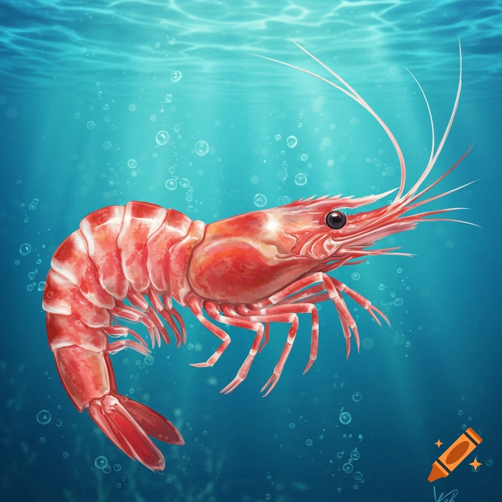 A vibrant red shrimp with long antennae swims in clear blue water with bubbles and light rays in an illustrative style.