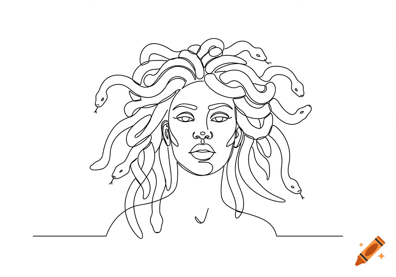 Minimalist single-line drawing of Medusa with dreadlock-like snakes for hair.