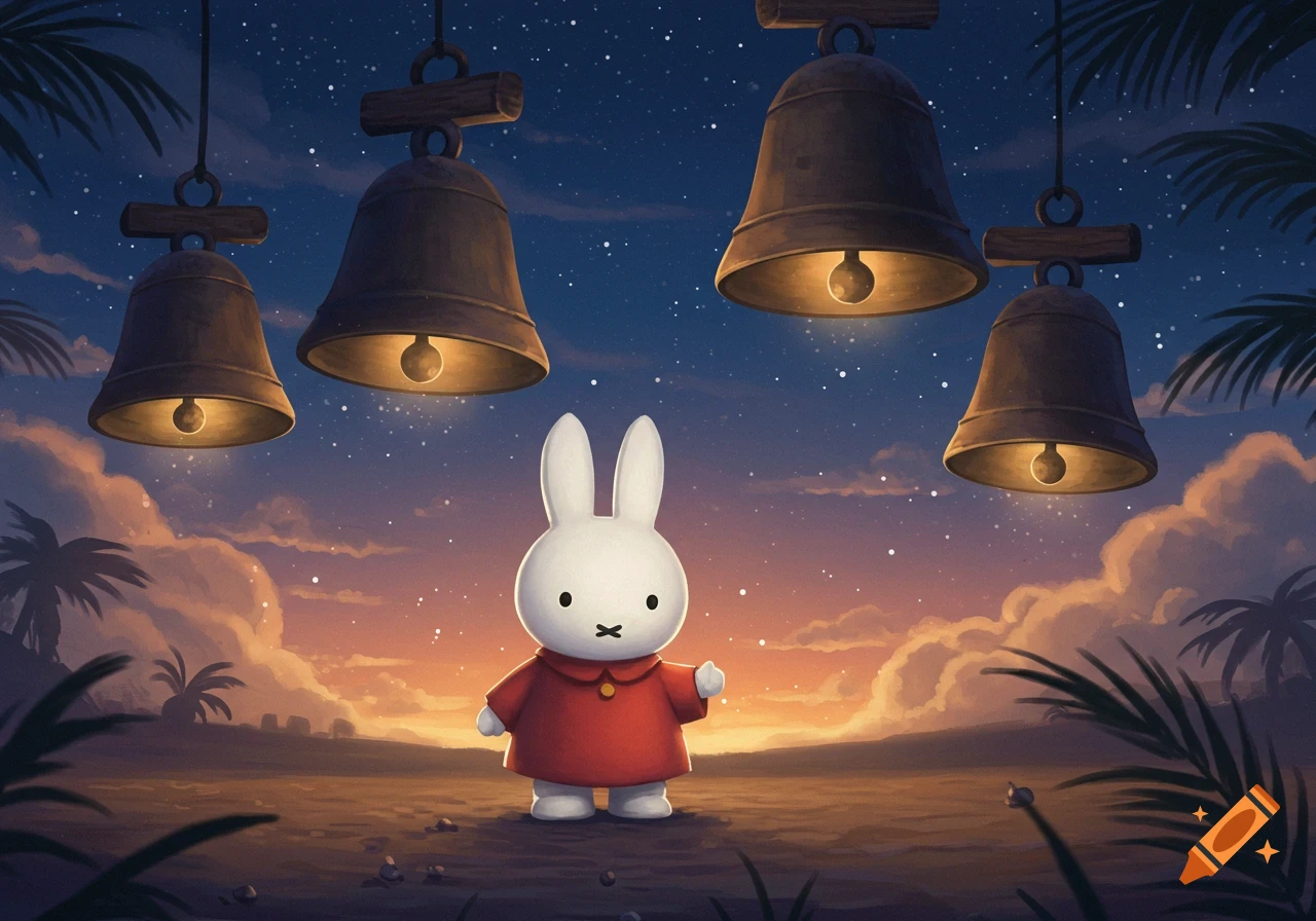 Miffy the rabbit in a red dress stands under four lit bells, against a starry night sky, sunset clouds, and a landscape with palm trees.
