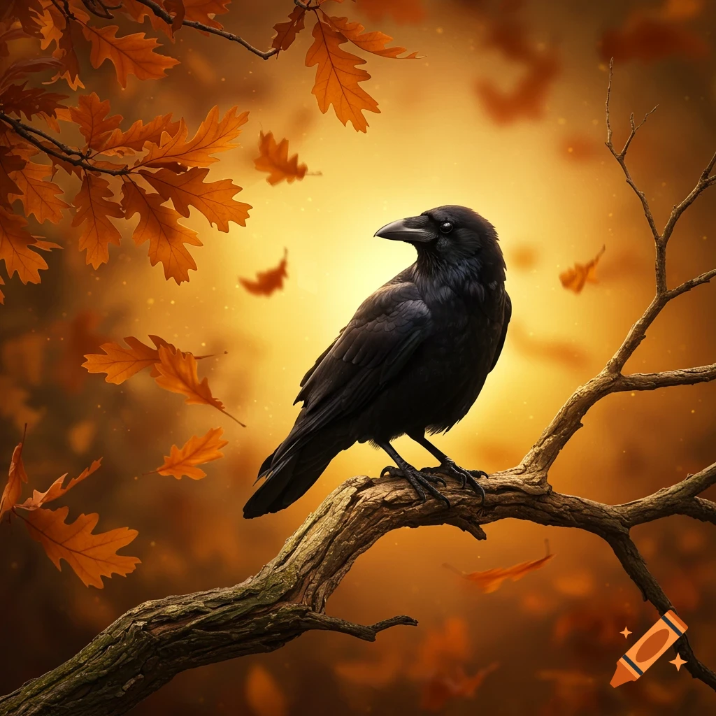 A black crow perches on a bare branch with vibrant orange autumn leaves falling around it against a warm, glowing background.