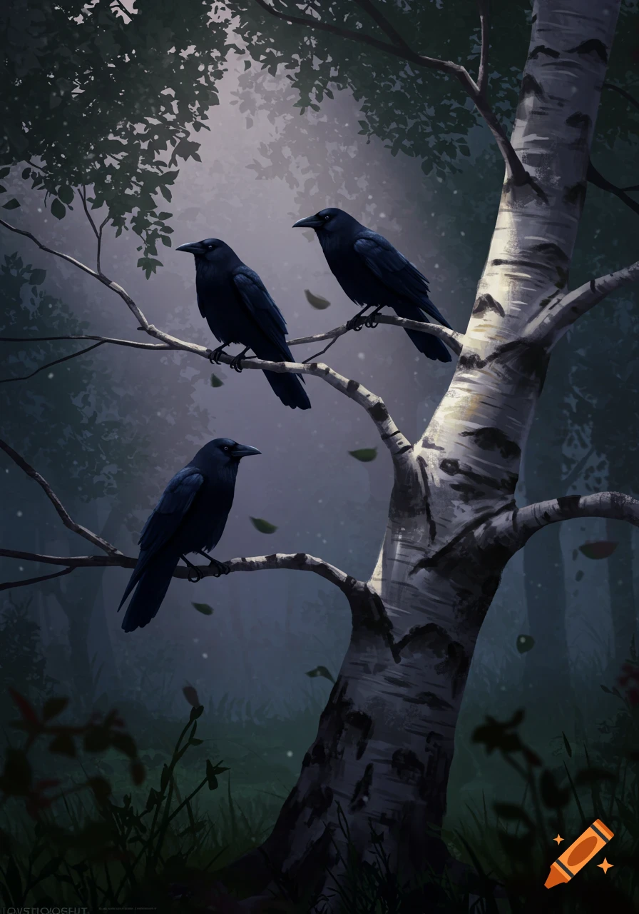 An atmospheric illustration of three black crows perched on the branches of a white birch tree in a misty, dark forest.
