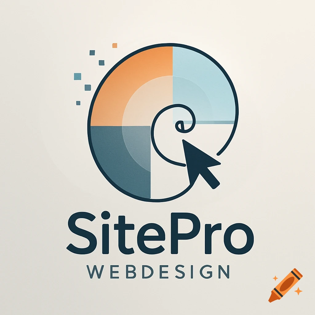 Minimalist logo with a Fibonacci spiral in dark blue, light blue, orange, and light gray. It features a mouse cursor and the text 'SitePro Webdesign'.