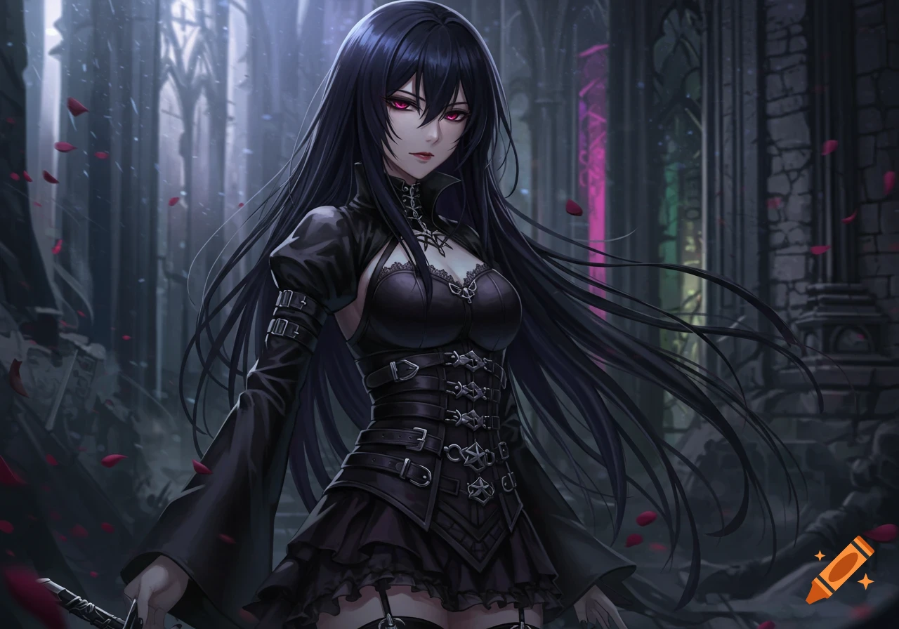 An anime girl with long black hair and red eyes, dressed in a dark gothic outfit, stands in a ruined church with falling rose petals.
