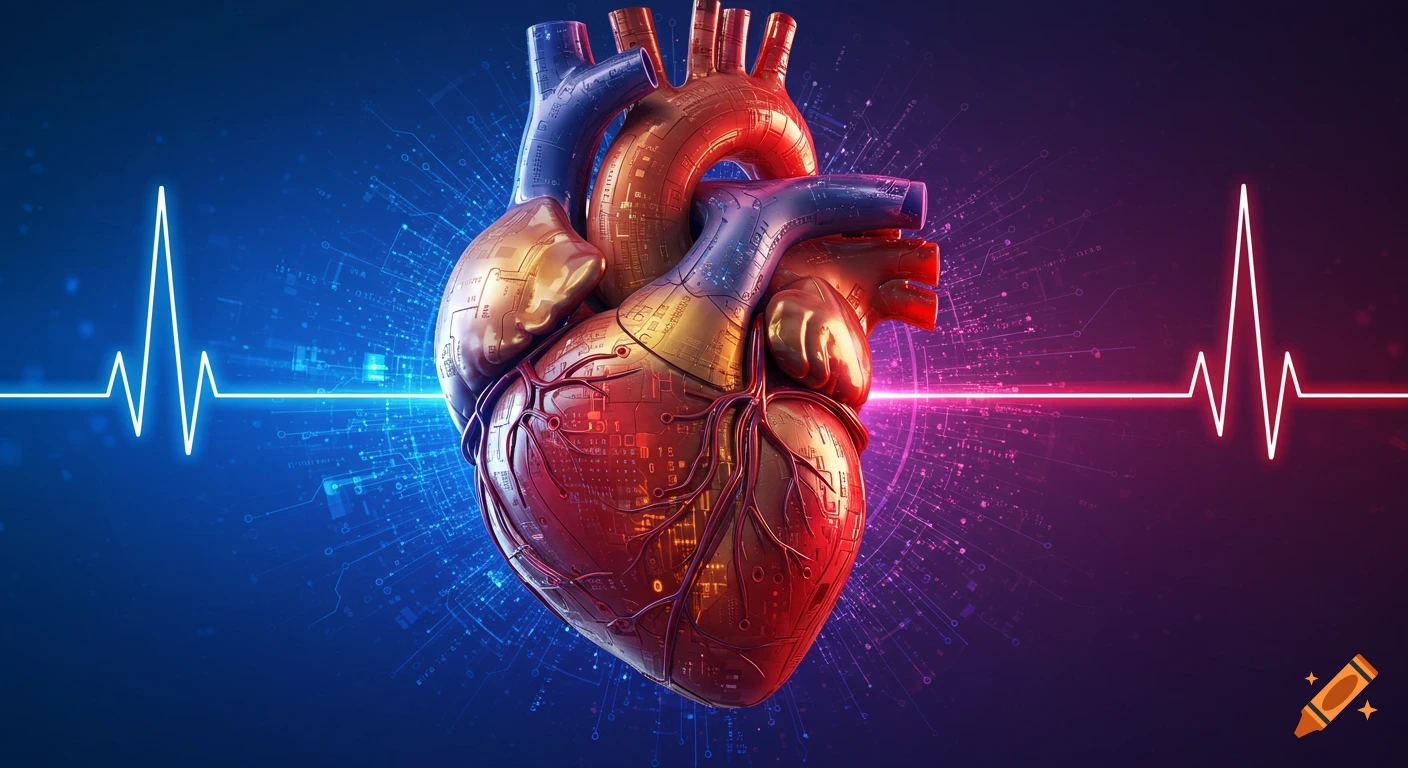A stylized anatomical heart, half human-like and half technological, with circuit board patterns, set against a blue and purple background with white and pink ECG lines.