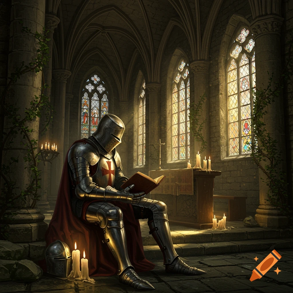 A knight in full armor and a red cape sits in a dimly lit gothic church, reading a book by candlelight next to stained glass windows.