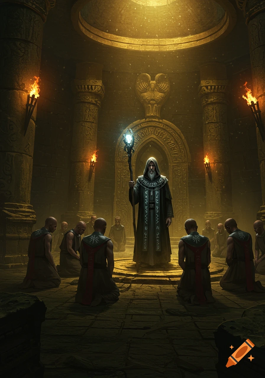 A bearded wizard in dark robes holding a glowing staff stands in a dimly lit ancient stone temple, surrounded by kneeling acolytes. Torches light the scene.