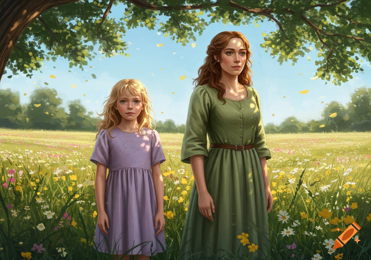 Digital painting of a woman and a young girl standing in a sunlit wildflower field under a large tree.