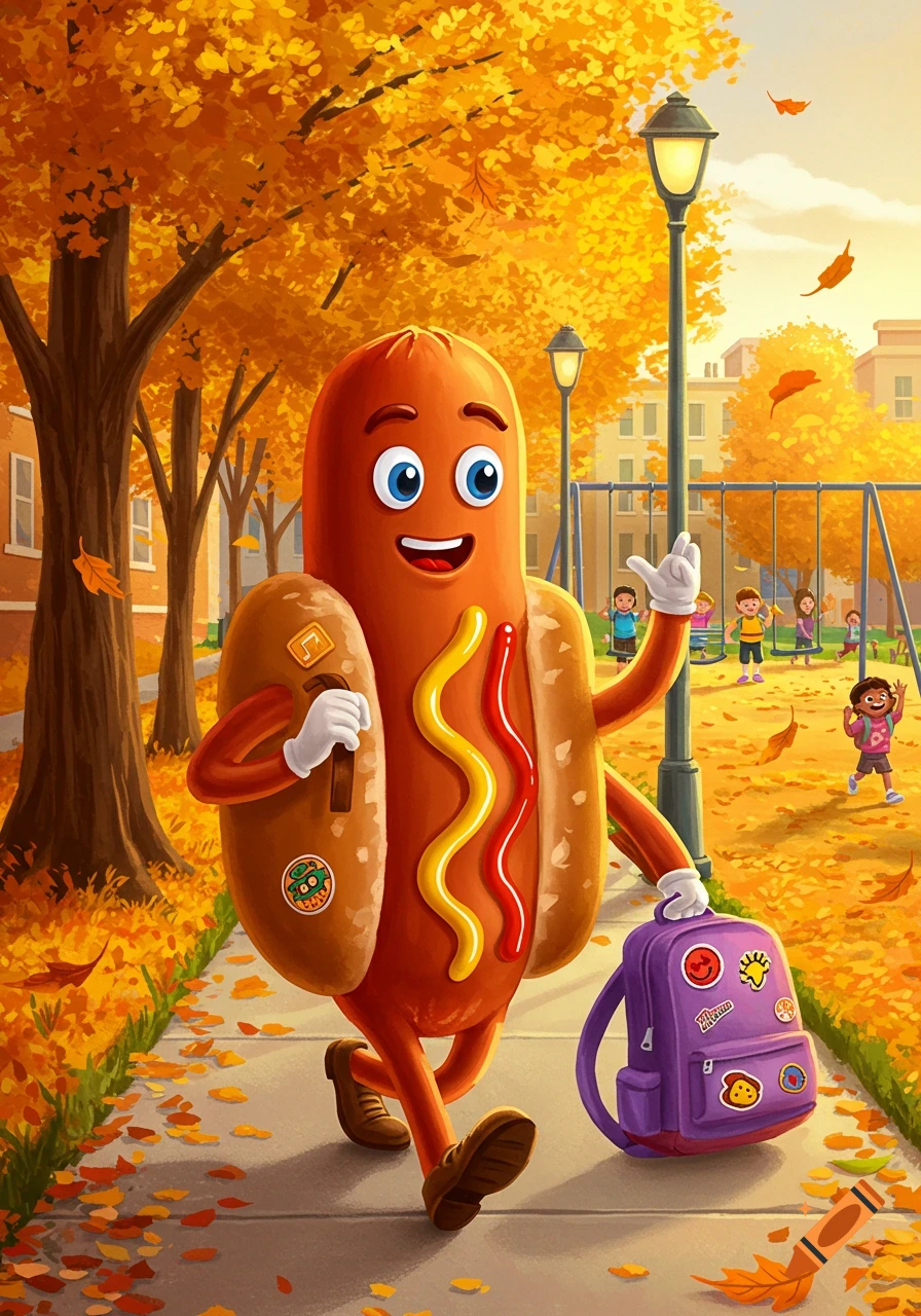 A smiling cartoon hotdog character in a bun walks with a satchel and backpack through an autumn park past playing children.