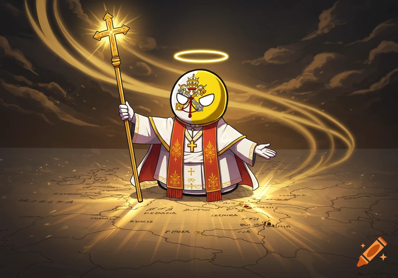 Anime-inspired digital art of a Vatican countryball character in papal robes, holding a glowing cross, standing on a map of Italy.