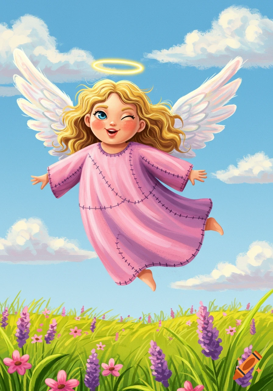 A cute, winking cartoon angel with blonde hair and white wings flies above a field of purple flowers under a blue sky.