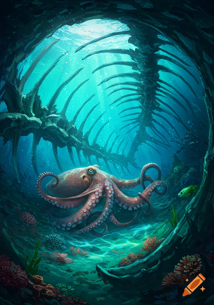 A vibrant illustration of an octopus in an underwater cave with large skeletal remains, coral, and a small fish.