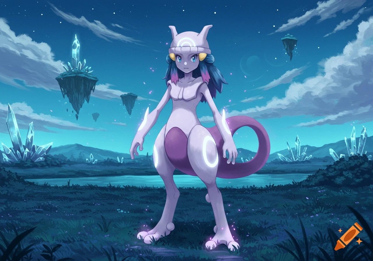 Anime illustration of a Mewtwo-Dawn hybrid with glowing rings in a blue-hued fantasy landscape with crystals and floating islands.