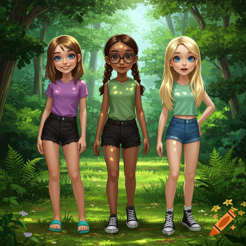 Three cartoon girls with different hair and skin tones stand side-by-side in a lush green forest, wearing casual summer clothes.