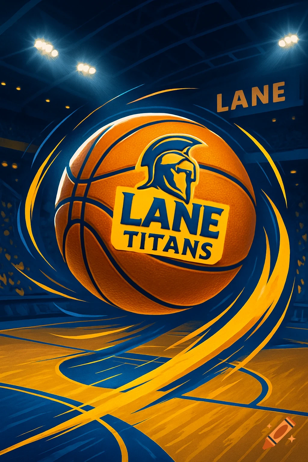 A dynamic graphic of a basketball with a blue and gold Lane Titans logo on a court in a stadium, stylized with speed lines.