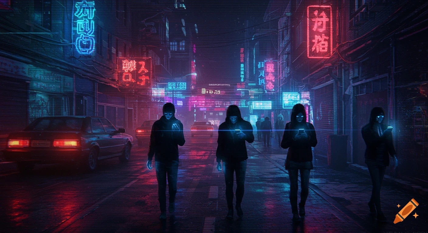 A dark cyberpunk city street at night, glowing neon signs illuminate hooded figures engrossed in their phone screens.