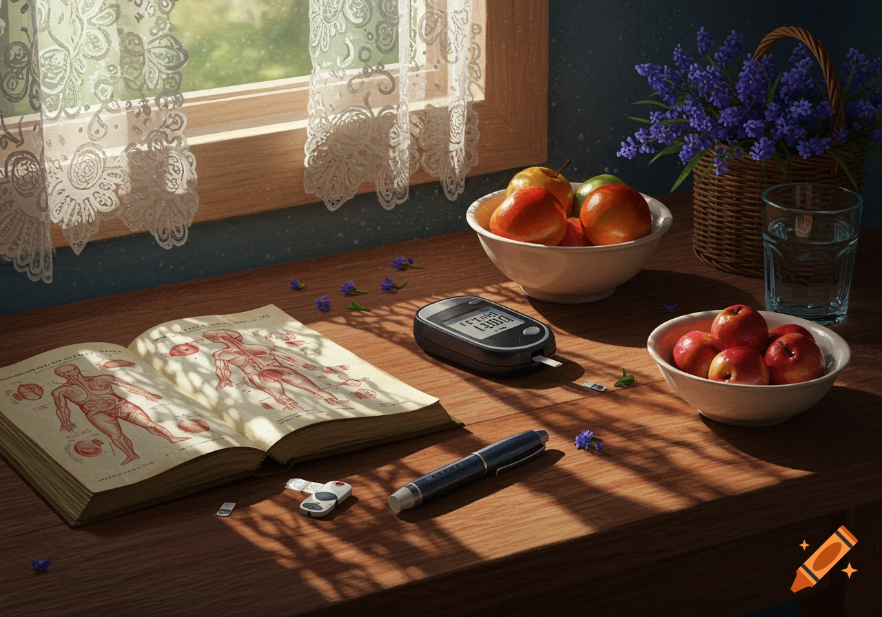 A still life scene featuring a blood glucose monitor, insulin pen, an open anatomy book, and bowls of fruit on a wooden table near a window with lace curtains.