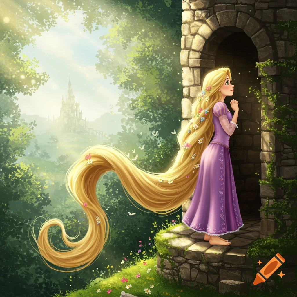 A long-haired princess in a purple dress stands by a stone tower, gazing at a distant castle in a sunny, enchanted forest.