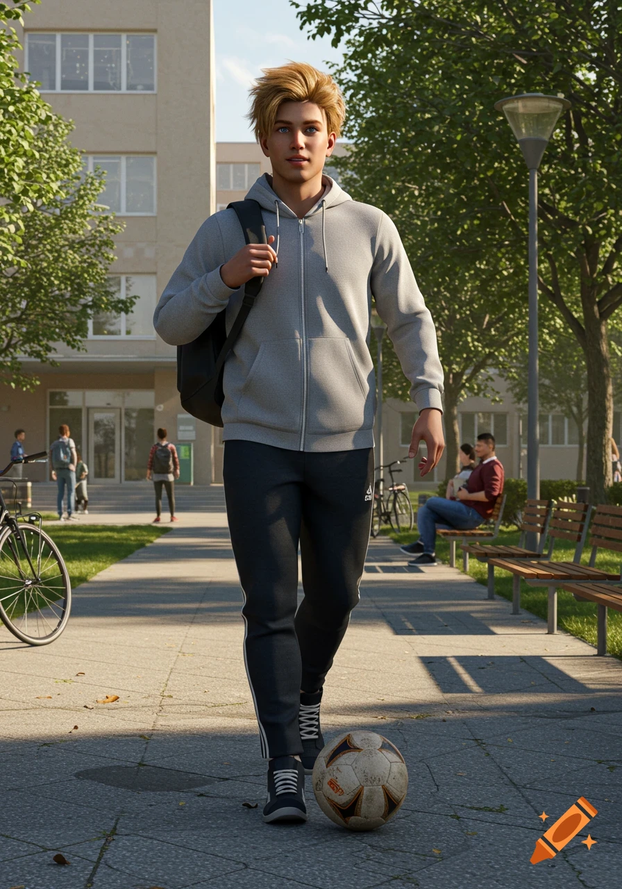 A young man with blonde hair and a gray hoodie walks on a paved path with a soccer ball at his feet near a building and trees.