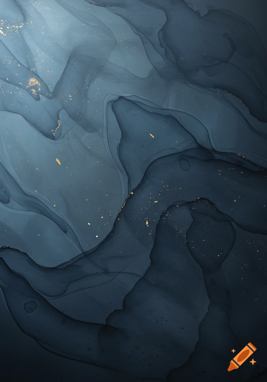 Abstract fluid art in shades of deep blue and grey with shimmering gold accents, resembling alcohol ink.