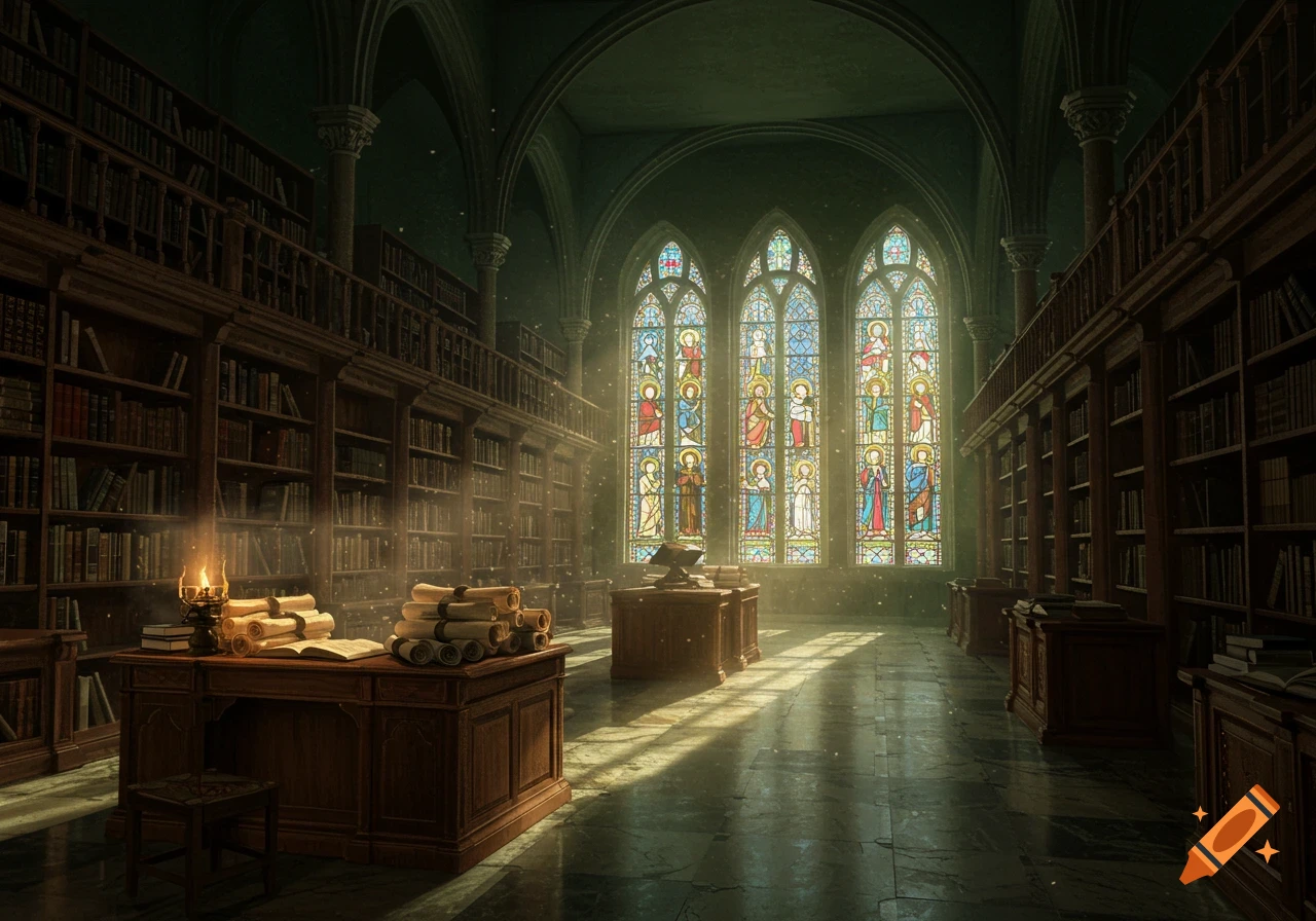 A grand gothic library with tall bookshelves, sunlight streaming through ornate stained-glass windows, illuminating desks with scrolls and old books.