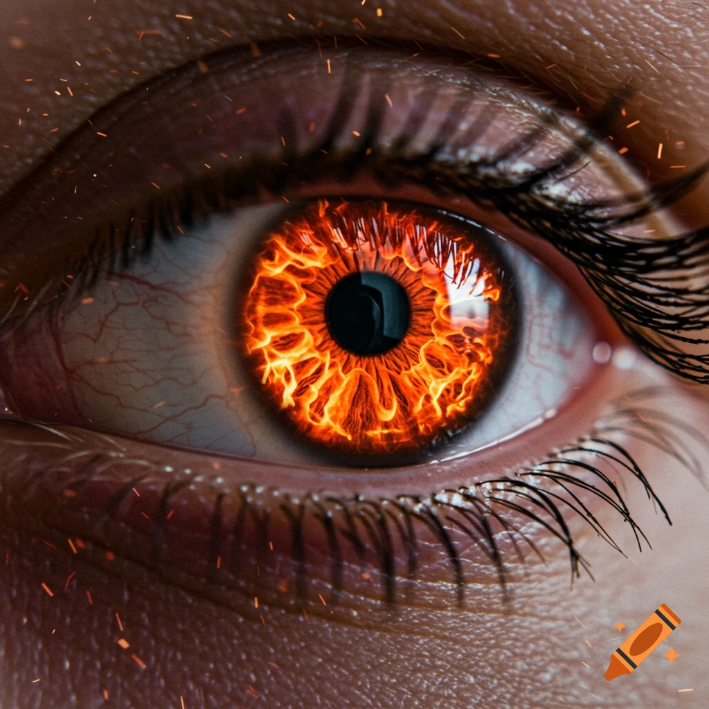 Intense close-up of a realistic eye with a vibrant orange and red flame burning within the iris, surrounded by sparks.