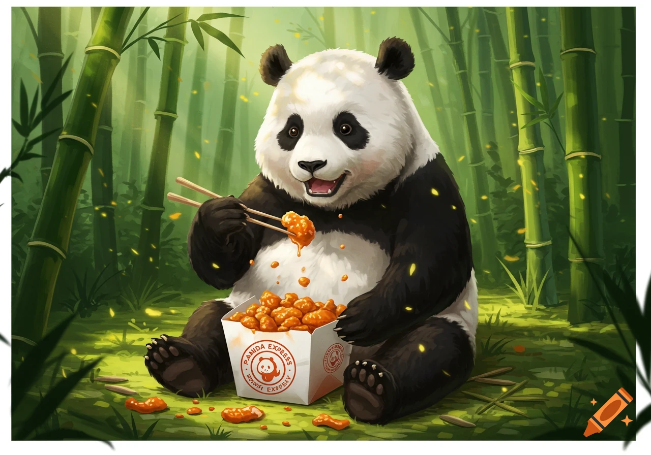 An illustrated panda sits in a bamboo forest, happily eating orange chicken from a Panda Express box with chopsticks.
