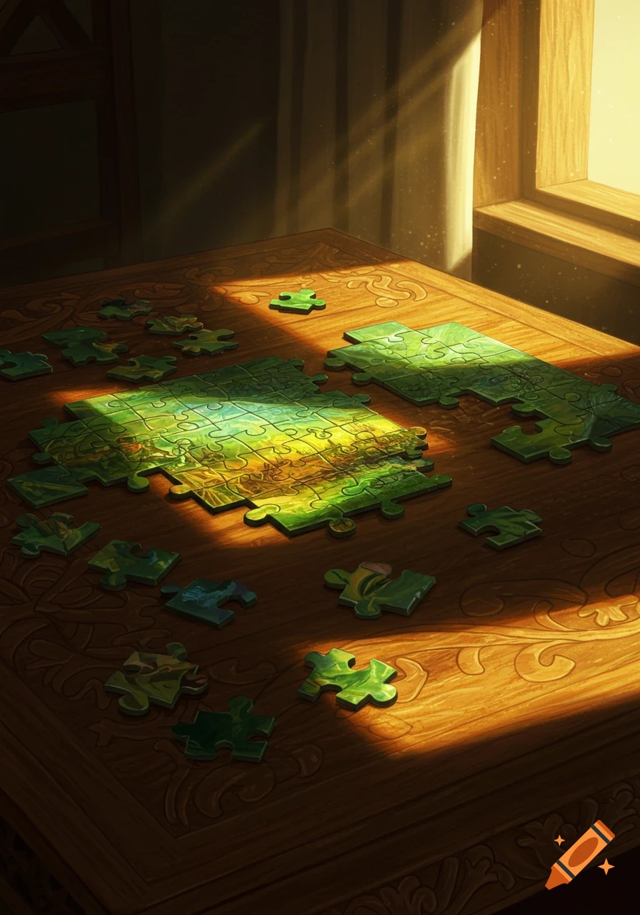A wooden table with a partially completed jigsaw puzzle, illuminated by warm sunlight from a window.
