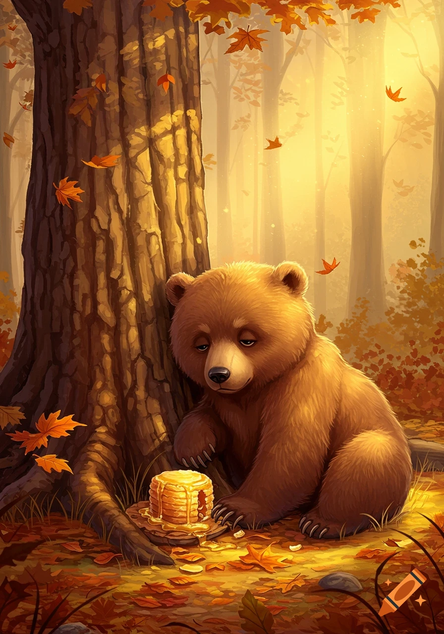 An illustrative, sleepy brown bear leans against a tree trunk in an autumn forest, next to a stack of honey-covered pancakes.