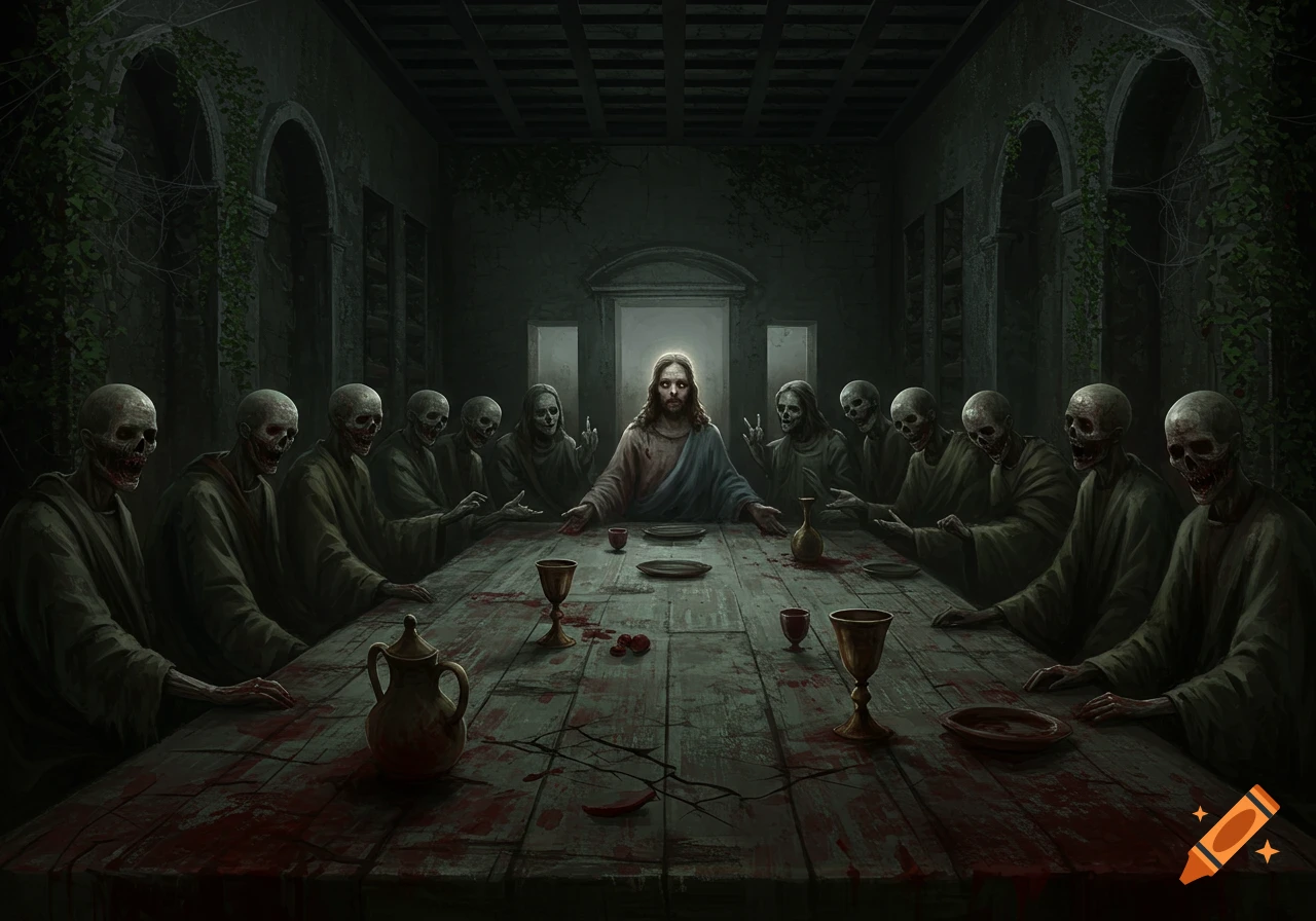 Jesus sits at a blood-splattered table with twelve skeletal figures in a dark, gothic room, depicting a horror-themed Last Supper.