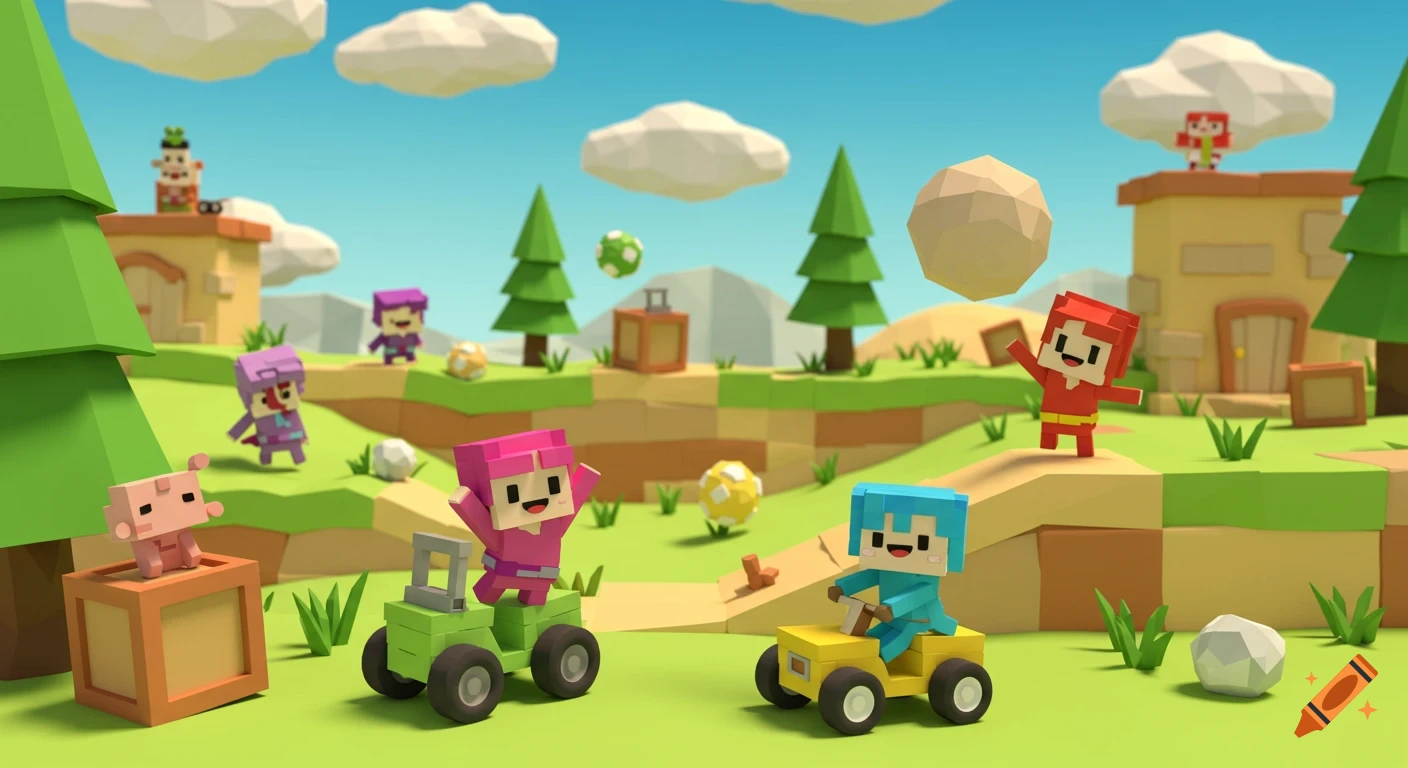 Colorful low-poly block characters play in a cheerful video game world with trees, houses, and vehicles.