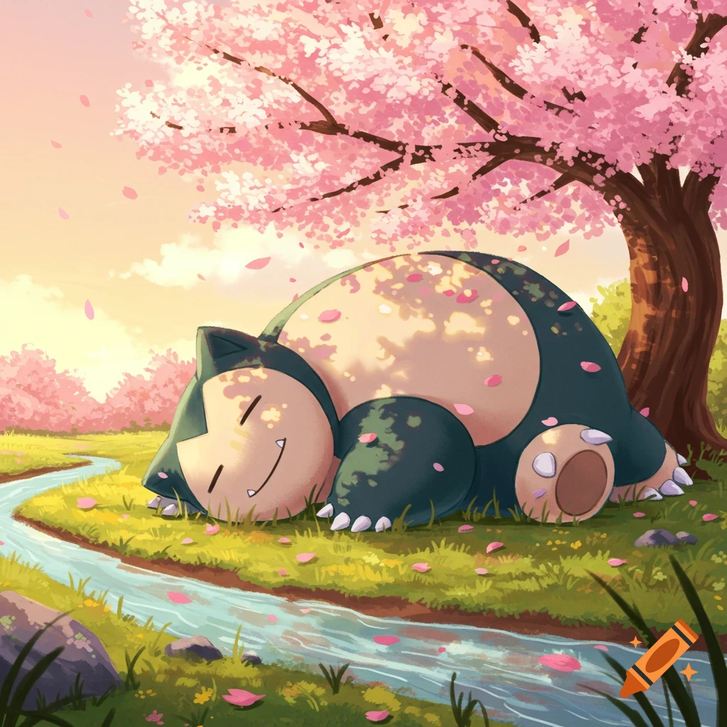 An illustration of Snorlax sleeping under a pink cherry blossom tree by a stream with falling petals.