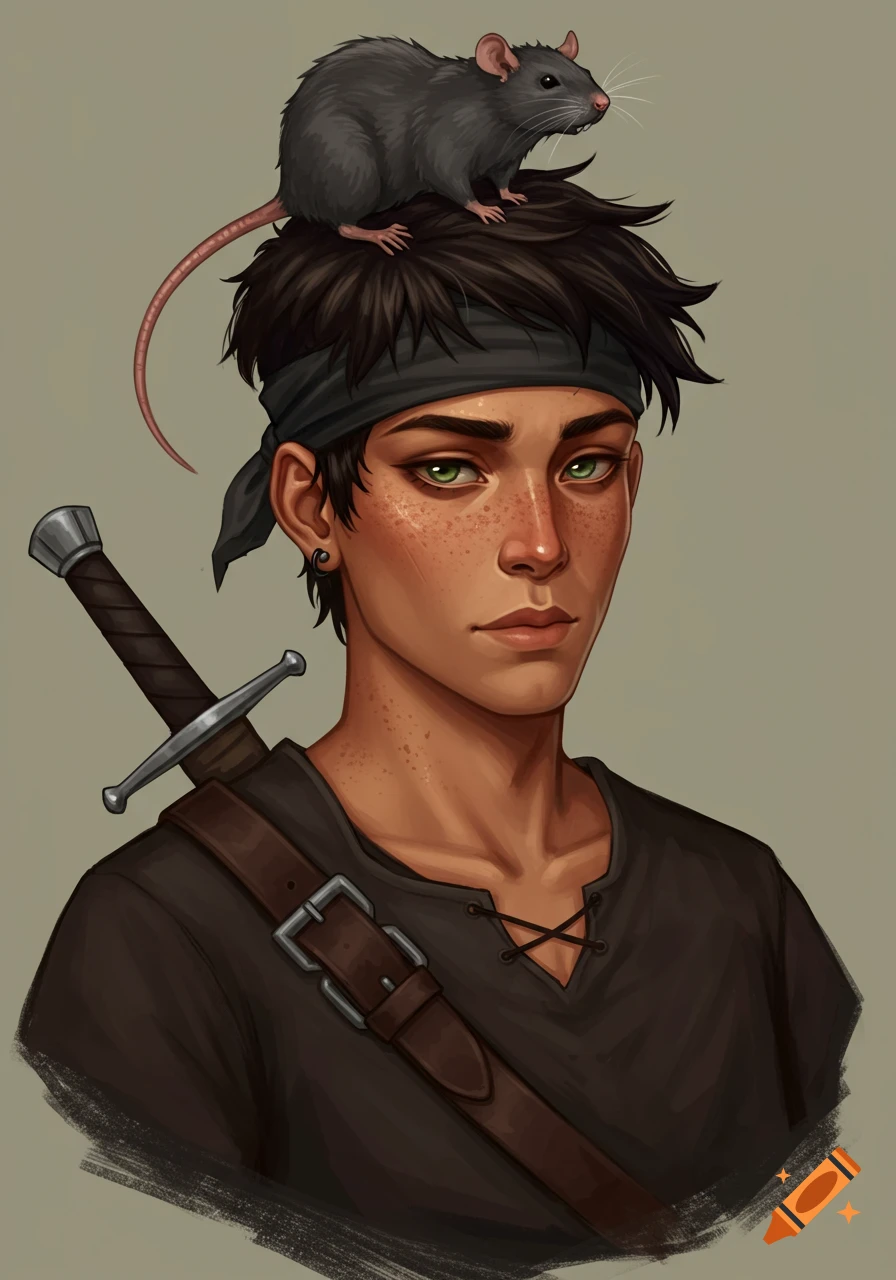 Stylized portrait of a young person with green eyes, freckles, and a bandana, wearing a tunic and sword, with a rat on their head.
